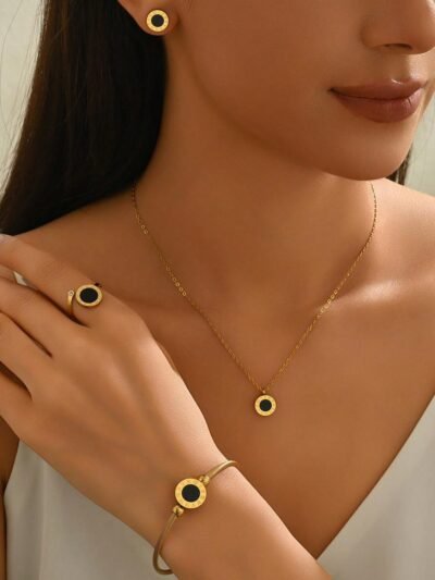 5pcs European & American Style Stainless Steel Bracelet, Ring, Necklace, Earring Jewelry Set.