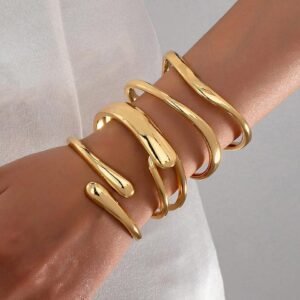 3pcs/1set Fashionable Minimalist Metallic Gold Smooth Wave Bracelets