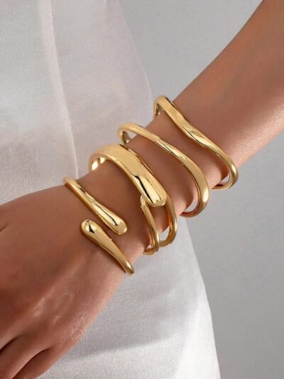 3pcs/1set Fashionable Minimalist Metallic Gold Smooth Wave Bracelets