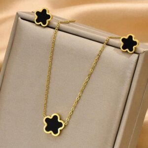 3pcs/Set Gold-Color Stainless Steel Plated Black Flower Necklace