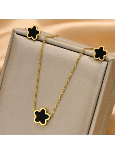 3pcs/Set Gold-Color Stainless Steel Plated Black Flower Necklace